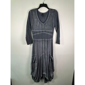 Womens Dress L Gray V-Neck 3/4 Sleeve Gathered Skirt Bubble Hem Side Pockets